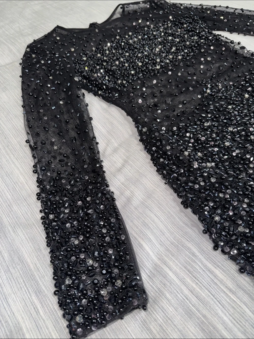 Black Beaded Sheer Mesh Long-Sleeve Mesh Mini Cocktail Dress - Picture 5 of 17